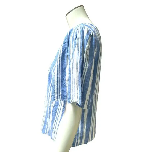 Cabi Striped Linen Blend Top S Blue & White Short Sleeve Keyhole Back - Picture 2 of 8